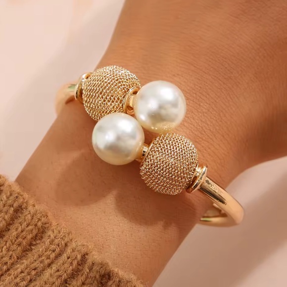 Jewelry - Vintage Geometric Gold Open Bangle with Pearl Ball Statement Bracelet
